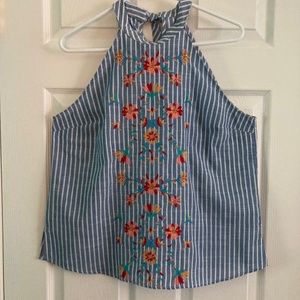 Blue and white striped embroidered halter tie back top, size medium